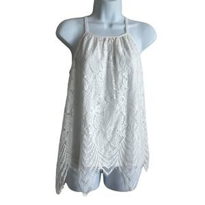 Paper & Tee Women Tunic Top XL White Crochet Overlay Stretch Lining Dainty Girly